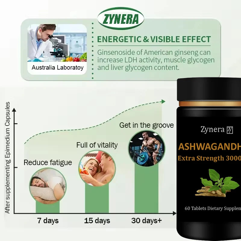 Extracto de Ashwagandha 3000 mg (60 comprimidos): mejora la resistencia, la energía, la fuerza y el rendimiento masculinos. Acción rápida para el aumento de la masa muscular y la salud masculina.