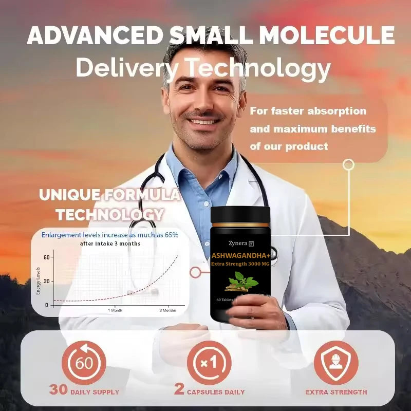 Extracto de Ashwagandha 3000 mg (60 comprimidos): mejora la resistencia, la energía, la fuerza y el rendimiento masculinos. Acción rápida para el aumento de la masa muscular y la salud masculina.