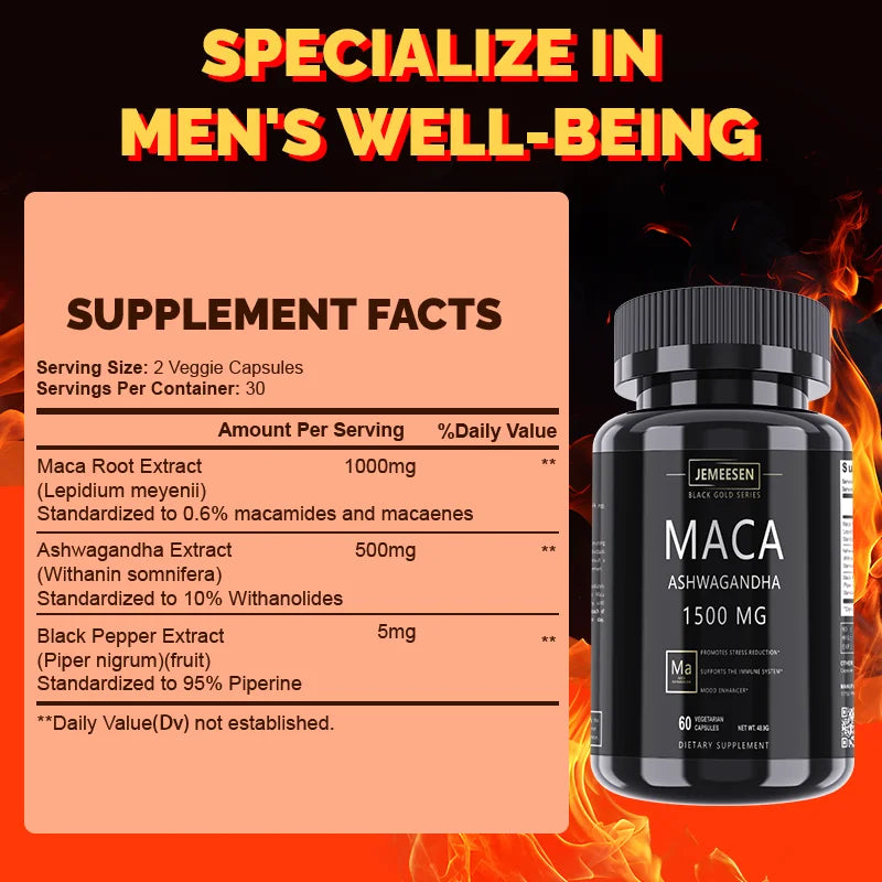 JEMEESEN - Cápsulas de extracto de raíz de maca Ashwagandha - 500 mg Ashwagandha 1000 mg Raíz de maca - Suplemento para hombres y mujeres para aliviar el estrés