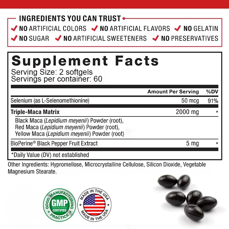 Maca Root Capsules for Men and Women to Maximize Vitality and Performance Made with Black Maca, Red Maca and Yellow Maca Powders