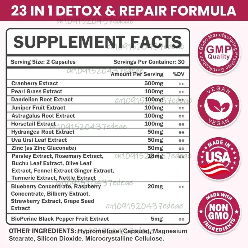 23-In-1 Kidney Cleansing 50:1 Cranberry Extract Kidney and Urinary Health Herbal Formula 60 Capsules