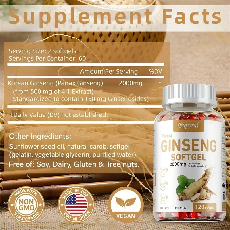 Cápsulas de ginseng Panax rojo: para inmunidad, energía, fatiga y alivio del estrés y enfoque mental