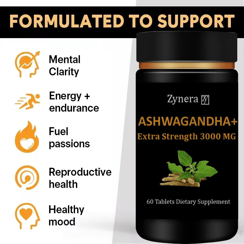 Extracto de Ashwagandha 3000 mg (60 comprimidos): mejora la resistencia, la energía, la fuerza y el rendimiento masculinos. Acción rápida para el aumento de la masa muscular y la salud masculina.