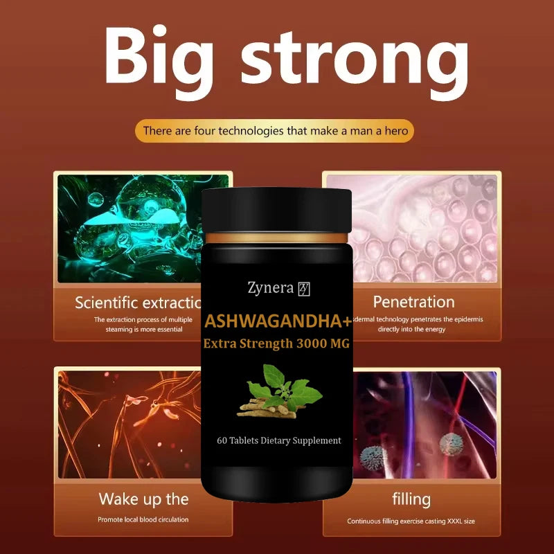 Extracto de Ashwagandha 3000 mg (60 comprimidos): mejora la resistencia, la energía, la fuerza y el rendimiento masculinos. Acción rápida para el aumento de la masa muscular y la salud masculina.