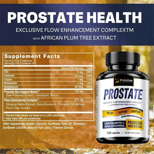 Suplementos para la próstata: contiene saw palmetto para favorecer la salud de la próstata y la función urinaria, aliviar la vejiga y reforzar el sistema inmunitario.