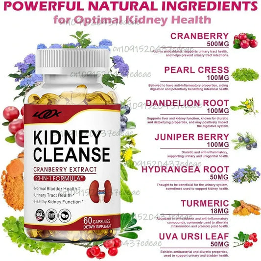 23-In-1 Kidney Cleansing 50:1 Cranberry Extract Kidney and Urinary Health Herbal Formula 60 Capsules